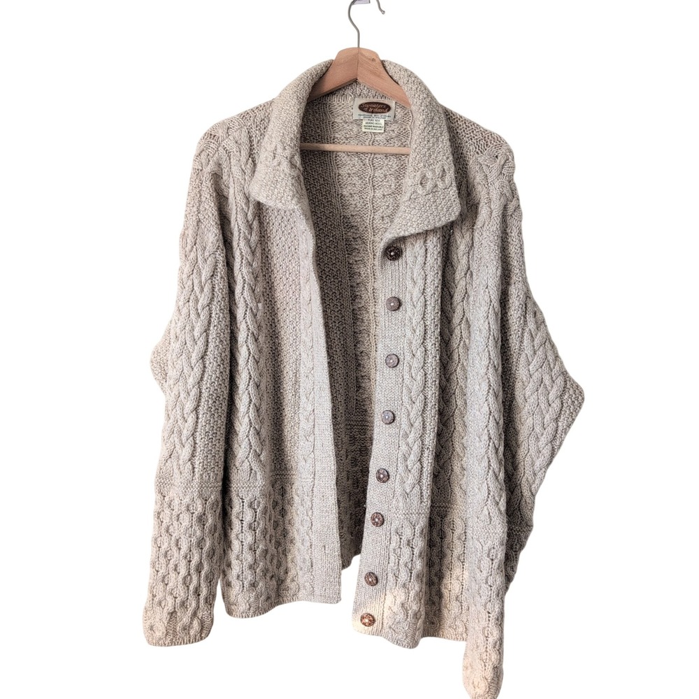 Sweaters of Ireland Merino Wool Cable Knit Cream Tan Fisherman Cardigan Large